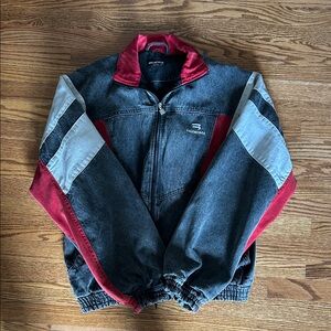 Balenciaga Black Denim Bomber Jacket with Red Accents